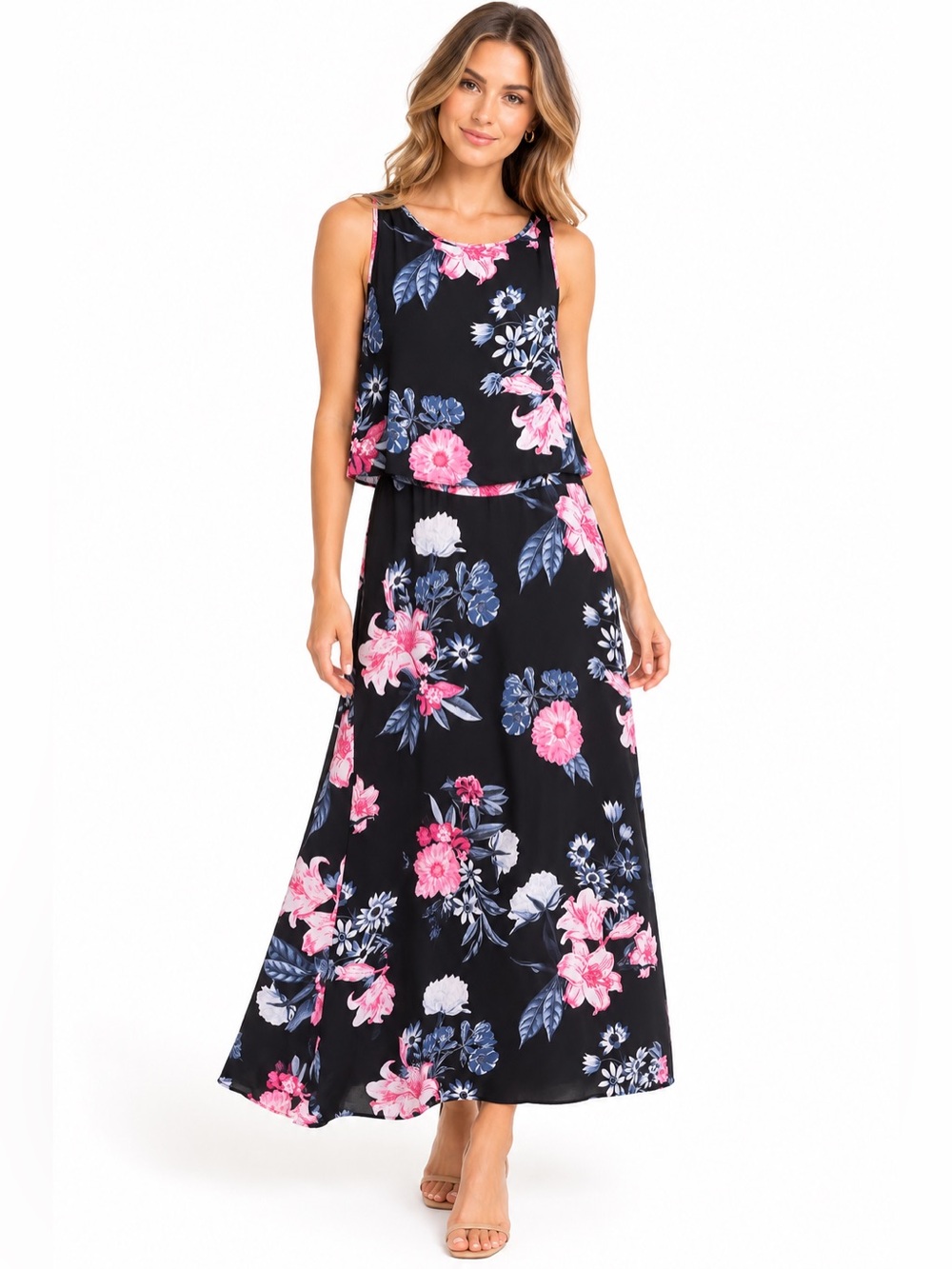 CeCe Navy  long Dress with Pink and Navy Floral Print size 8 ( Read)